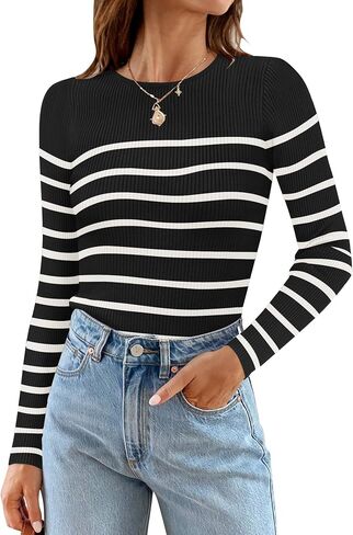 ZESICA Women's Long Sleeve Crewneck Striped Shirts Spring Ribbed Knit Sweater Slim Fitted Casual Basic Tee Tops in Saudi Arabia