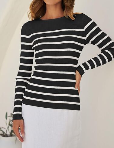 ZESICA Women's Long Sleeve Crewneck Striped Shirts Spring Ribbed Knit Sweater Slim Fitted Casual Basic Tee Tops in Saudi Arabia
