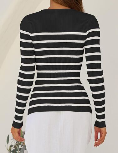 ZESICA Women's Long Sleeve Crewneck Striped Shirts Spring Ribbed Knit Sweater Slim Fitted Casual Basic Tee Tops in Saudi Arabia