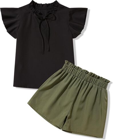 Girls Clothes V Neck Ruffle Short Sleeve T Shirts and Casual Shorts Set Girls Summer Outfits 7-14 Years in Saudi Arabia