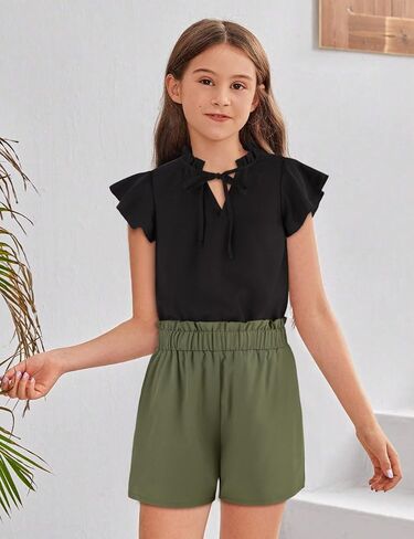 Girls Clothes V Neck Ruffle Short Sleeve T Shirts and Casual Shorts Set Girls Summer Outfits 7-14 Years in Saudi Arabia