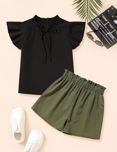 Girls Clothes V Neck Ruffle Short Sleeve T Shirts and Casual Shorts Set Girls Summer Outfits 7-14 Years in Saudi Arabia