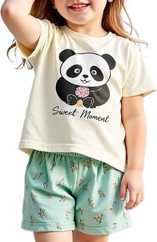 Girls Summer Floral Short Sleeve T-shirt and Elastic Waist Shorts Outfit Set for Kid Sizes 3-9 in Saudi Arabia