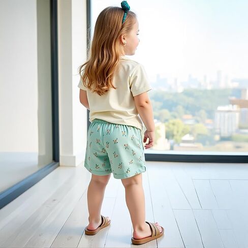 Girls Summer Floral Short Sleeve T-shirt and Elastic Waist Shorts Outfit Set for Kid Sizes 3-9 in Saudi Arabia