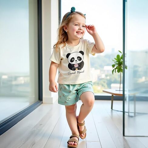 Girls Summer Floral Short Sleeve T-shirt and Elastic Waist Shorts Outfit Set for Kid Sizes 3-9 in Saudi Arabia