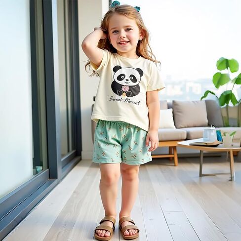 Girls Summer Floral Short Sleeve T-shirt and Elastic Waist Shorts Outfit Set for Kid Sizes 3-9 in Saudi Arabia