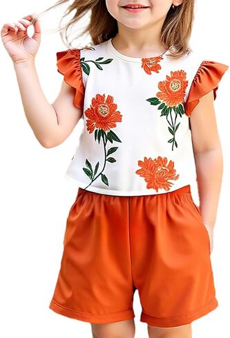 Girls Summer Floral Short Sleeve T-shirt and Elastic Waist Shorts Outfit Set for Kid Sizes 3-9 in Kuwait