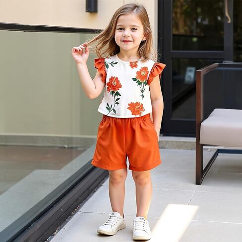 Girls Summer Floral Short Sleeve T-shirt and Elastic Waist Shorts Outfit Set for Kid Sizes 3-9 in Kuwait