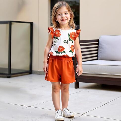 Girls Summer Floral Short Sleeve T-shirt and Elastic Waist Shorts Outfit Set for Kid Sizes 3-9 in Kuwait