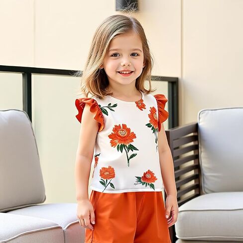 Girls Summer Floral Short Sleeve T-shirt and Elastic Waist Shorts Outfit Set for Kid Sizes 3-9 in Kuwait