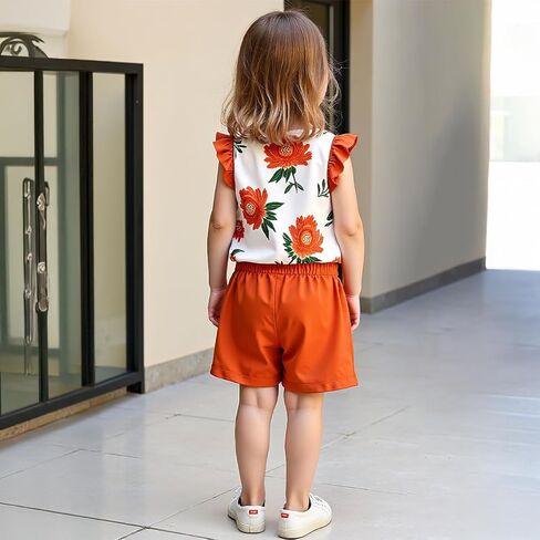 Girls Summer Floral Short Sleeve T-shirt and Elastic Waist Shorts Outfit Set for Kid Sizes 3-9 in Kuwait
