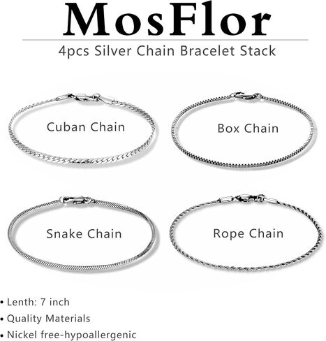 MosFlor سوار الفضة للرجال النساء، سوار رجالي الفولاذ المقاوم للصدأ سوار المكدس الكوبي ربط سوار سلسلة فضية سوار مجموعات رجالي سوار حزمة الفضة والمجوهرات أساور مخصصة للرجال في سن المراهقة الأولاد in Kuwait