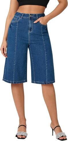 roswear Women's High Waisted Baggy Jean Shorts Stretchy Wide Leg Summer Casual Denim Jean Shorts in Saudi Arabia