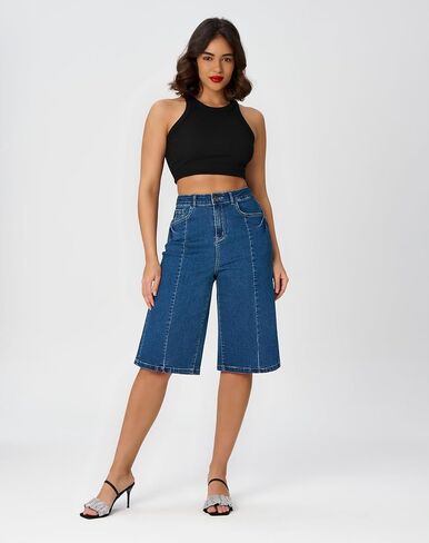 roswear Women's High Waisted Baggy Jean Shorts Stretchy Wide Leg Summer Casual Denim Jean Shorts in Saudi Arabia