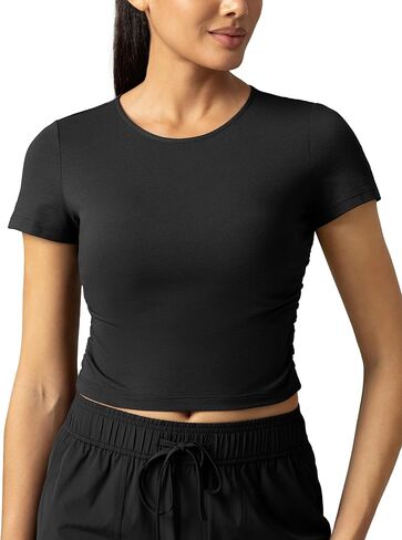Colorfulkoal Women Short Sleeve Cropped T-Shirts Slim Fitted Basic Tees Crew Neck Ruched Casual Workout Top in Kuwait