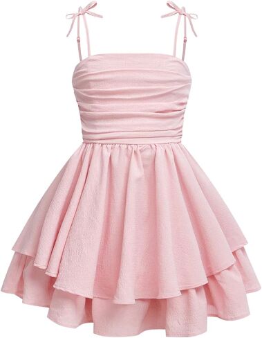 Girl's Floral Cami Dress Ruched Sleeveless Pink Layered Ruffle Kawaii Short Floral Summer Dresses in Saudi Arabia