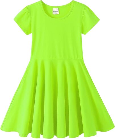 Noomelfish Girls Short Puff Sleeve Dress Summer Casual Knit Swing Twirl Skater Dresses with Pockets (2-12 Years) in Kuwait