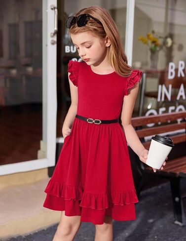 Arshiner Girls Dress Tween Boho Flutter Sleeve Tiered A Line Summer Dresses with Pockets in Saudi Arabia