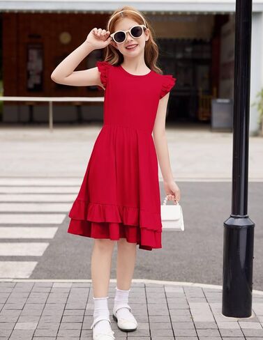 Arshiner Girls Dress Tween Boho Flutter Sleeve Tiered A Line Summer Dresses with Pockets in Saudi Arabia