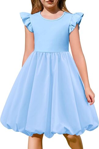 Arshiner Tween Girls Summer Bubble Dress Ruffle Sleeve Casual Party Midi Dresses in Kuwait