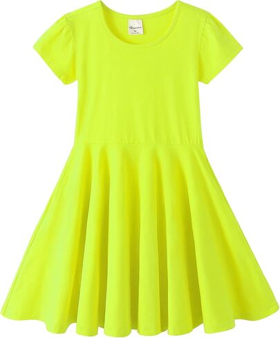 Noomelfish Girls Short Puff Sleeve Dress Summer Casual Knit Swing Twirl Skater Dresses with Pockets (2-12 Years) in Kuwait