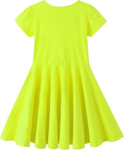 Noomelfish Girls Short Puff Sleeve Dress Summer Casual Knit Swing Twirl Skater Dresses with Pockets (2-12 Years) in Kuwait
