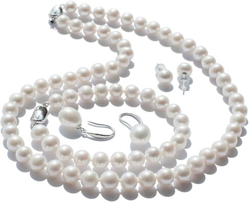 Freshwater Cultured Pearl Set Jewelry for Women Includes Pearl Bracelet, Stud Earrings and Drop Dangle Earrings High Luster AAA Quality Genuine 8.0-9.0 mm Round White Pearl Strand Necklace Set Gift for Mother Granddaughter in Kuwait