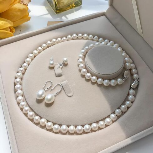 Freshwater Cultured Pearl Set Jewelry for Women Includes Pearl Bracelet, Stud Earrings and Drop Dangle Earrings High Luster AAA Quality Genuine 8.0-9.0 mm Round White Pearl Strand Necklace Set Gift for Mother Granddaughter in Kuwait