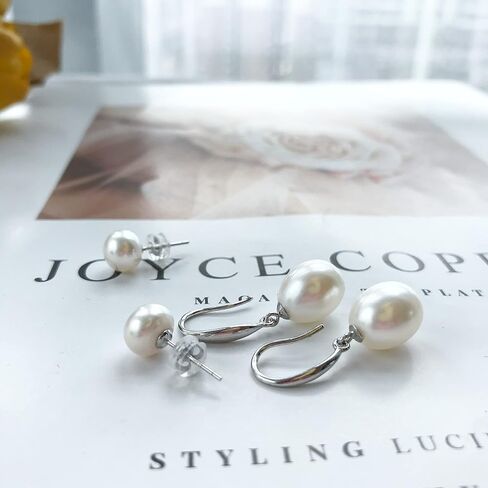 Freshwater Cultured Pearl Set Jewelry for Women Includes Pearl Bracelet, Stud Earrings and Drop Dangle Earrings High Luster AAA Quality Genuine 8.0-9.0 mm Round White Pearl Strand Necklace Set Gift for Mother Granddaughter in Kuwait