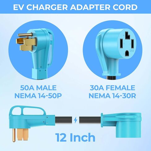 CircleCord 4 Prong NEMA 14-30P to 14-50R EV Charger Adapter Cord Compatible with Tesla Model 3/S/X/Y, 30 Amp Dryer to 50 Amp EV for Leave 2 Charging, ETL Listed in Saudi Arabia