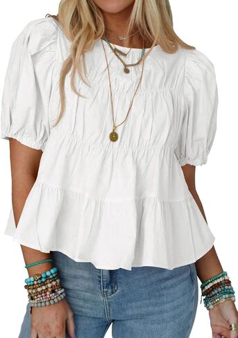 Tankaneo Womens Puff Sleeve Peplum Babydoll Tops Summer Smoked Smoked Cotton Thirts Therts Lose Lourd Flouse Pluse in Kuwait