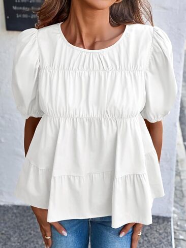 Tankaneo Womens Puff Sleeve Peplum Babydoll Tops Summer Smoked Smoked Cotton Thirts Therts Lose Lourd Flouse Pluse in Kuwait