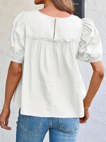 Tankaneo Womens Puff Sleeve Peplum Babydoll Tops Summer Smoked Smoked Cotton Thirts Therts Lose Lourd Flouse Pluse in Kuwait