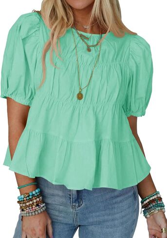 Tankaneo Womens Puff Sleeve Peplum Babydoll Tops Summer Smoked Smoked Cotton Thirts Therts Lose Lourd Flouse Pluse in Kuwait