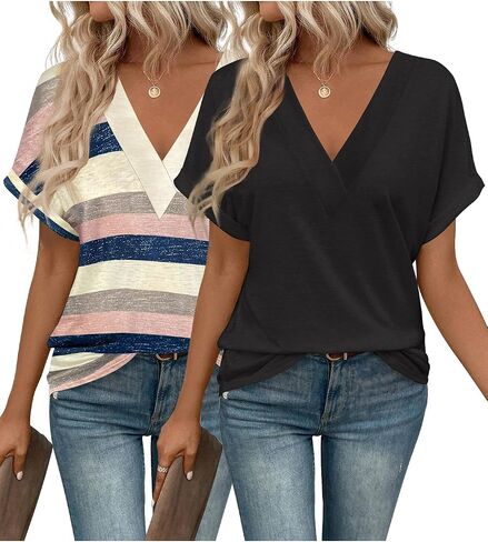 2PCS T Shirts Short Sleeve V Neck Tees Womens Fashion Tops Trendy Soft 2025 Casual Summer Spring Outfits Clothes in Kuwait