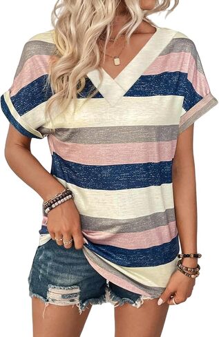 2PCS T Shirts Short Sleeve V Neck Tees Womens Fashion Tops Trendy Soft 2025 Casual Summer Spring Outfits Clothes in Kuwait