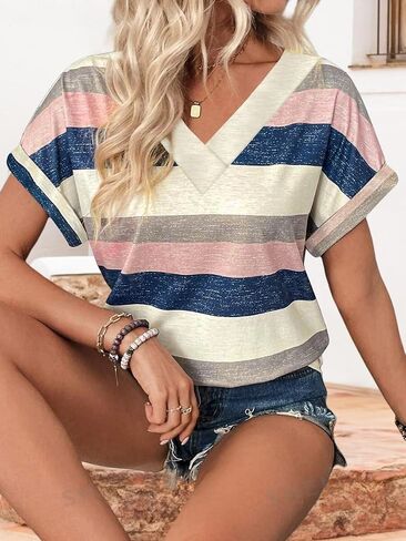 2PCS T Shirts Short Sleeve V Neck Tees Womens Fashion Tops Trendy Soft 2025 Casual Summer Spring Outfits Clothes in Kuwait