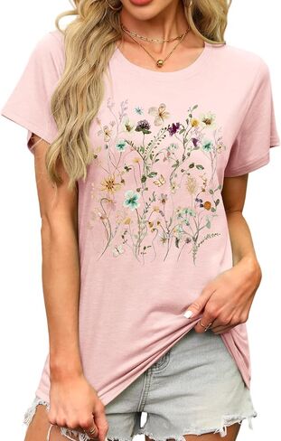 MAPICK Women's Floral Graphic Tees Short Sleeve Casual T-Shirts Boho Style Cute Summer Loose Fit Tops in Kuwait