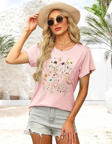 MAPICK Women's Floral Graphic Tees Short Sleeve Casual T-Shirts Boho Style Cute Summer Loose Fit Tops in Kuwait