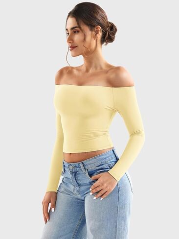 YEOREO Sophie Women Off Shoulder Long Sleeve Shirts Double Lined Basic Undershirt Y2K Going Out Tops in Kuwait