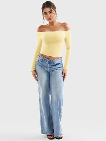 YEOREO Sophie Women Off Shoulder Long Sleeve Shirts Double Lined Basic Undershirt Y2K Going Out Tops in Kuwait