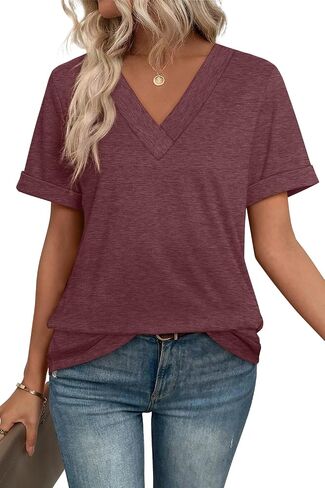 WIHOLL Womens Summer Tops Short Sleeve Basic Casual V Deck T Shirts Trendy Fashion 2025 in Kuwait
