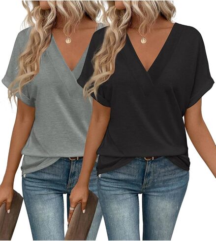 2PCS T Shirts Short Sleeve V Neck Tees Womens Fashion Tops Trendy Soft 2025 Casual Summer Spring Outfits Clothes in Kuwait
