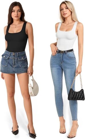 MANOGPOP Double Lined Workout Tank Tops for Women Square Neck Sleeveless Fitted Gym Top Yoga Shirt Thong Sport Bodysuits in Saudi Arabia