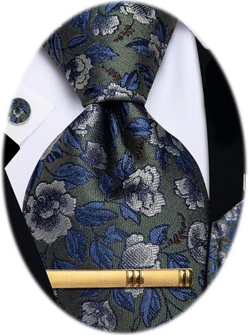 Silk Ties for Men Paisley Floral Striped Necktie and Pocket Square Cufflinks Tie Clip Set 4PC in Kuwait