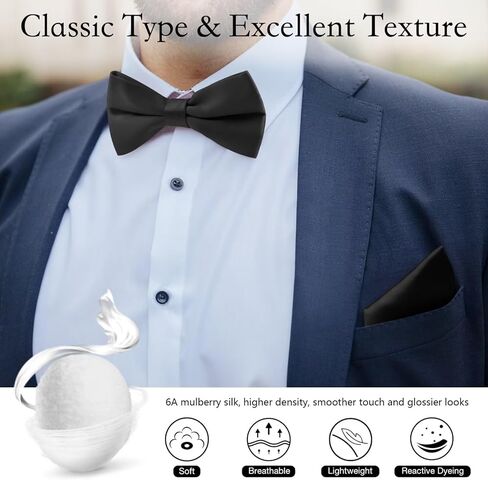 MANSPHIL Mens Silk Pretied Bow Tie and Pocket Square Set, 6A Grade 100% Mulberry Silk, Classic Soild Color, Gift Packed in Kuwait