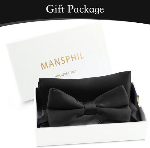 MANSPHIL Mens Silk Pretied Bow Tie and Pocket Square Set, 6A Grade 100% Mulberry Silk, Classic Soild Color, Gift Packed in Kuwait