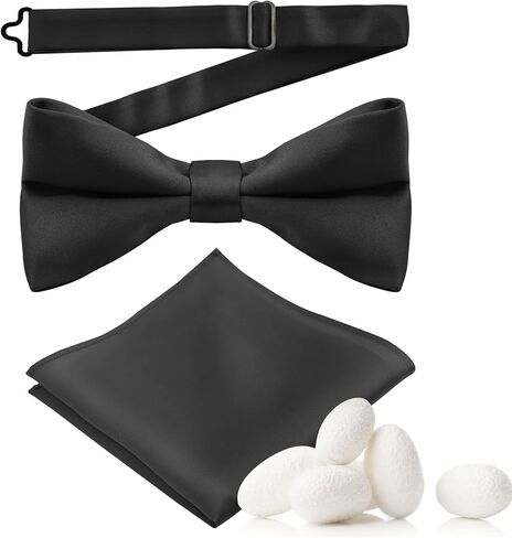 MANSPHIL Mens Silk Pretied Bow Tie and Pocket Square Set, 6A Grade 100% Mulberry Silk, Classic Soild Color, Gift Packed in Kuwait