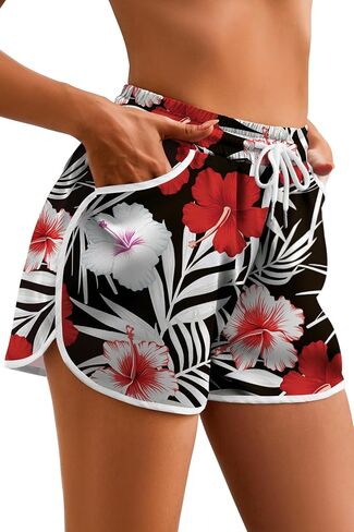 Women's Drawstring Board Shorts Floral Beach Swimming Shorts Summer Sports Swim Trunks Swimsuit Bottoms with Pockets in Saudi Arabia