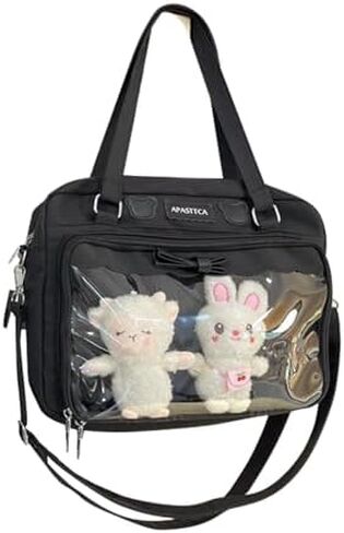 Kawaii Crossbody Bags Japanese Ita Bag Aesthetic Messenger Style Clear Compartment & 2 Cute Plush Dolls for Women (Black) in Saudi Arabia